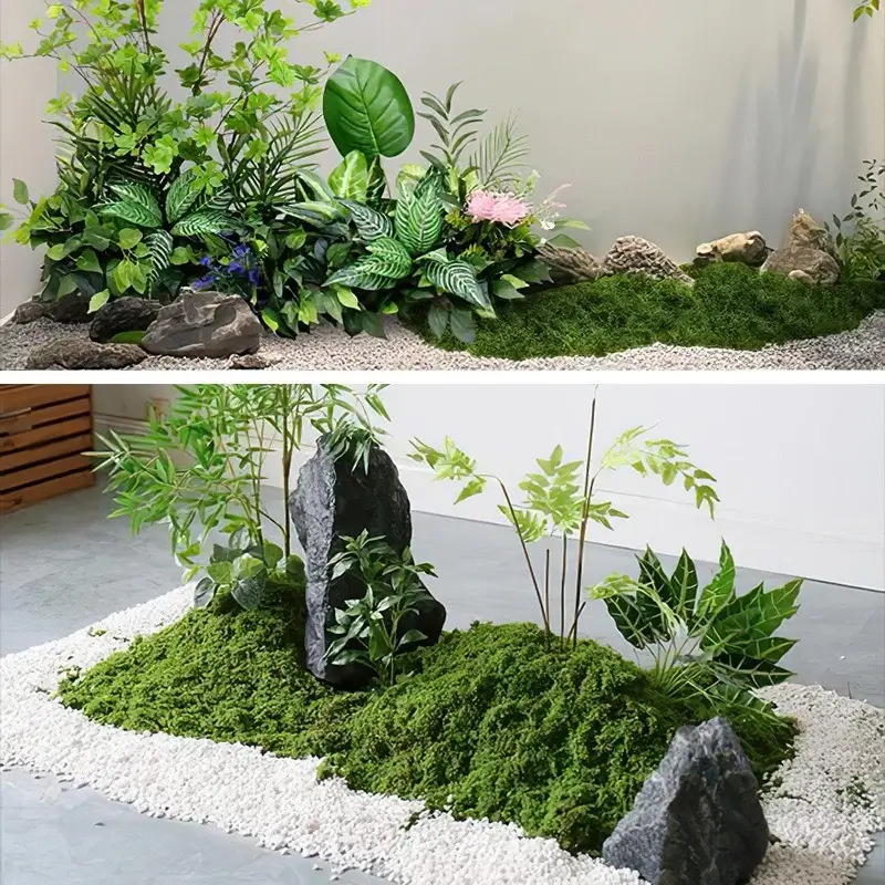 thảm rêu nhân tạo kết hợp cây giả làm tiểu cảnh decor
